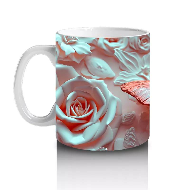 Açık Mavi Gül Yaprakları Üzerinde Narin Kelebek - Baskılı kahve kupası - 2