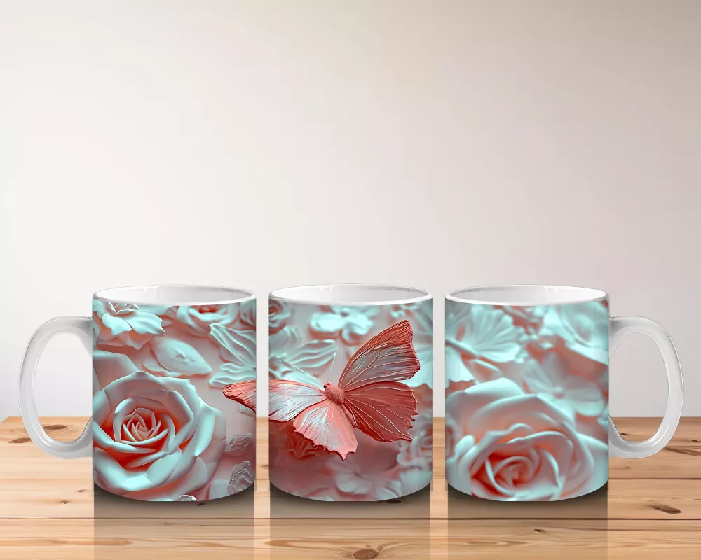 Açık Mavi Gül Yaprakları Üzerinde Narin Kelebek - Baskılı kahve kupası - 5