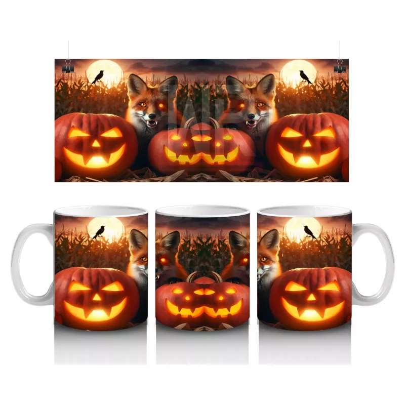 Alevli Balkabakları ve Mum Işığıyla Sıcak Tonlu Cadılar Bayramı Baskılı Kupa Bardak