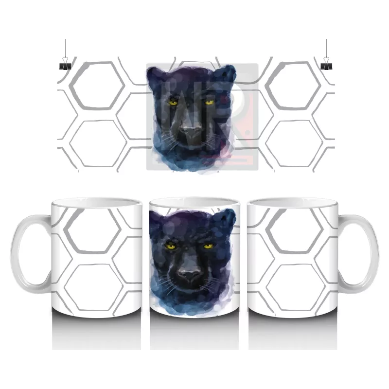 Altıgen Desen Üzerinde Mor Gözlü Panter Portresi – Baskılı Kahve Kupası