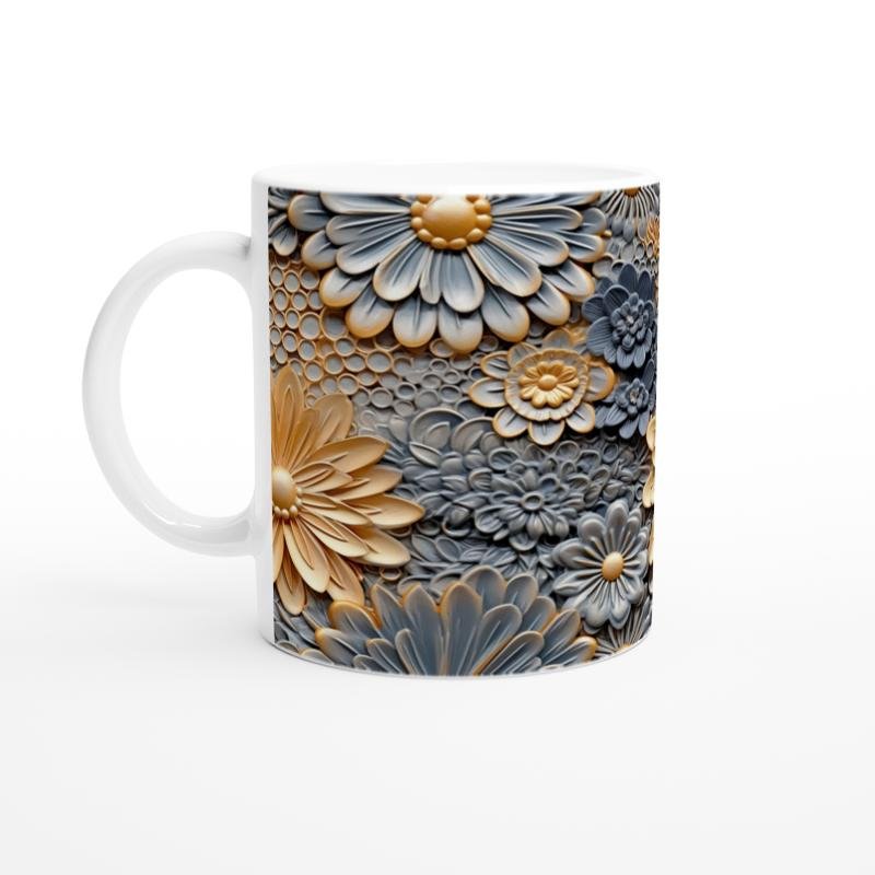 Altın Gri Kontrast Çiçek Desenli Kupa Bardak