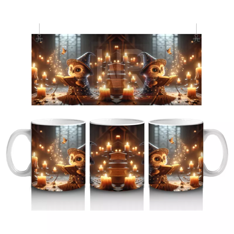 Altın Sarısı Işıklarla Aydınlanan Gotik Kitaplık ve Cadı Masası Temalı Baskılı Kupa