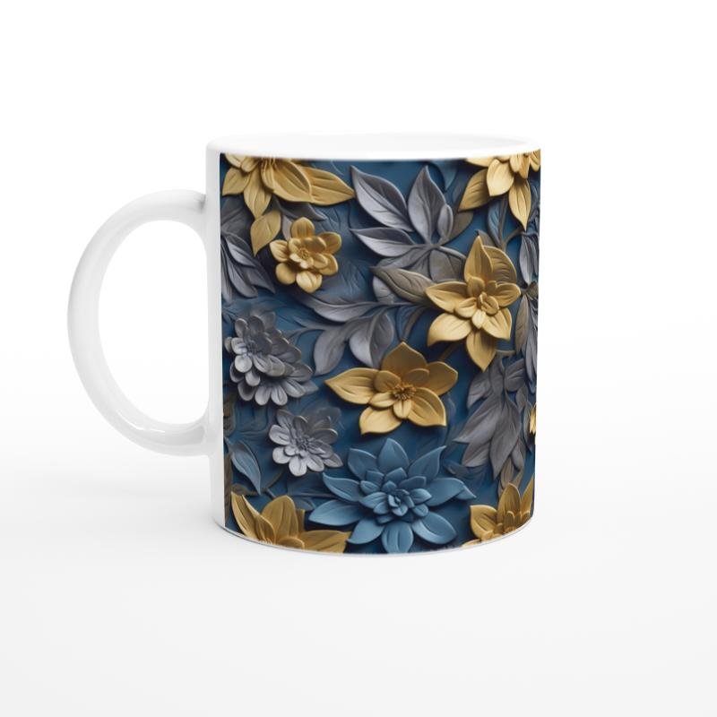 Altın Sarısı ve Mavi Rölyef Çiçek Desenli Kupa Bardak