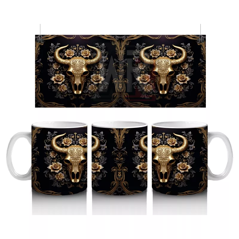 Altın Siyah Arka Planda Boğa Figürü – Baskılı Kahve Kupası