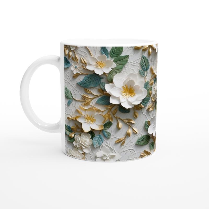 Altın ve Yeşil Yapraklı Beyaz Çiçek Desenli Kupa Bardak