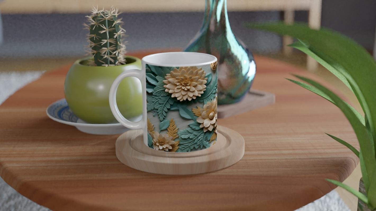 Altın Vurgulu Rölyef Çiçekli Kupa Bardak - 4