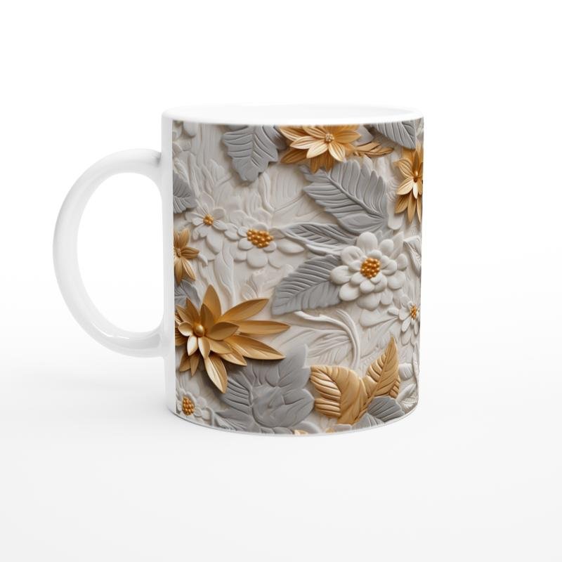 Altın Yaprak Işıltılı Çiçek Desenli Kupa Bardak