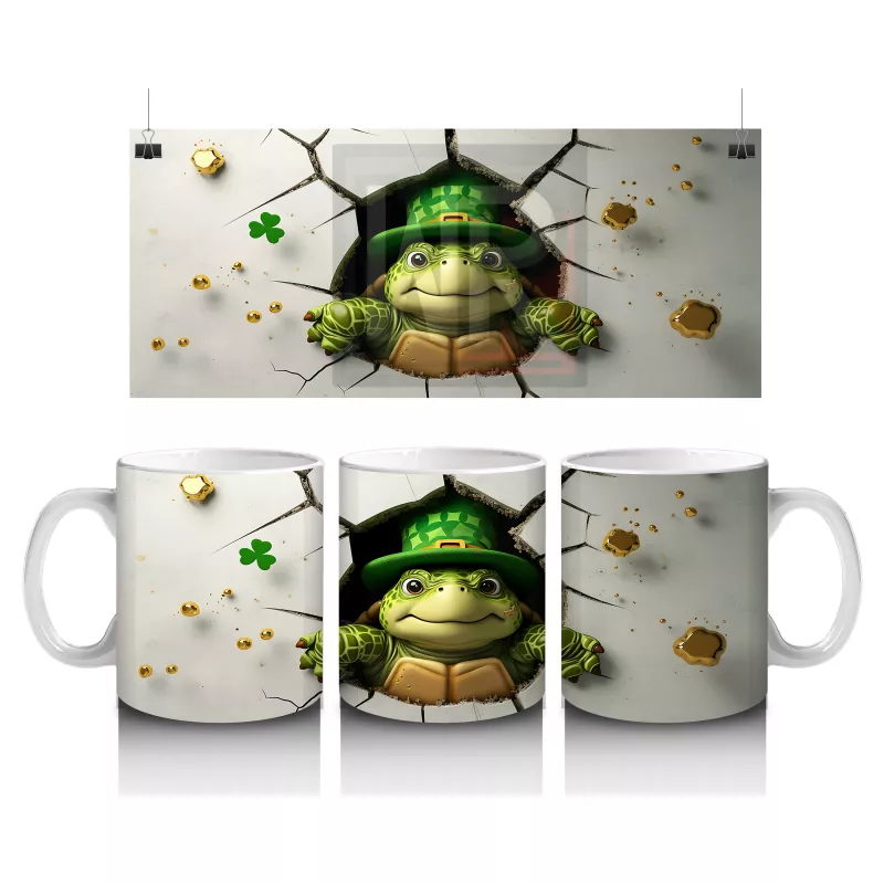 Altın Yoncalı Şapkalı Sevimli Kurbağa Figürü - Baskılı kahve kupası