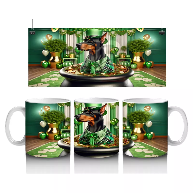 Altınlarla Dolu Kazanda Oturan St. Patrick’s Doberman - Baskılı kahve kupası