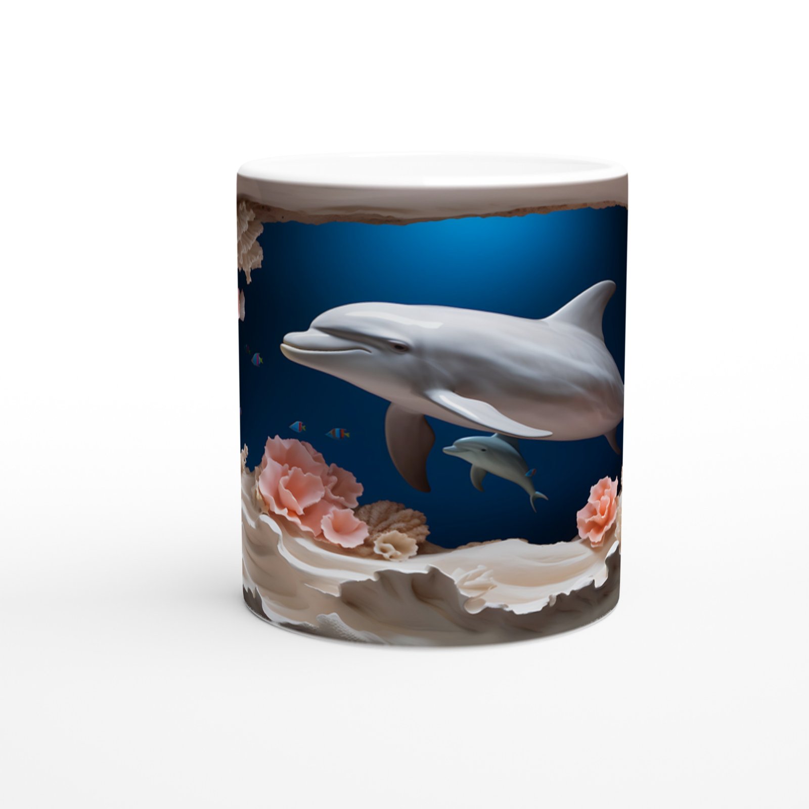 Anne ve Yavru Yunus Desenli Su Altı Temalı Kupa Bardak