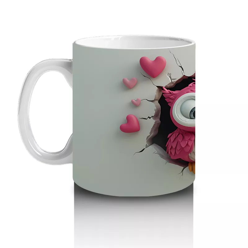 Aşık Baykuş Çifti ve Pembe Kalpler – Baskılı Kahve Kupası - 2