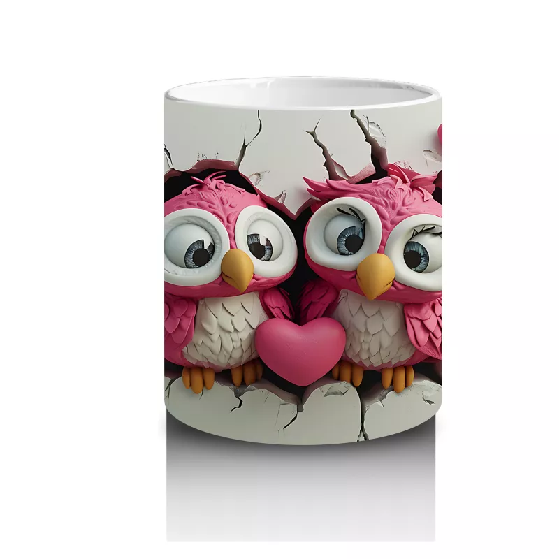 Aşık Baykuş Çifti ve Pembe Kalpler – Baskılı Kahve Kupası - 3