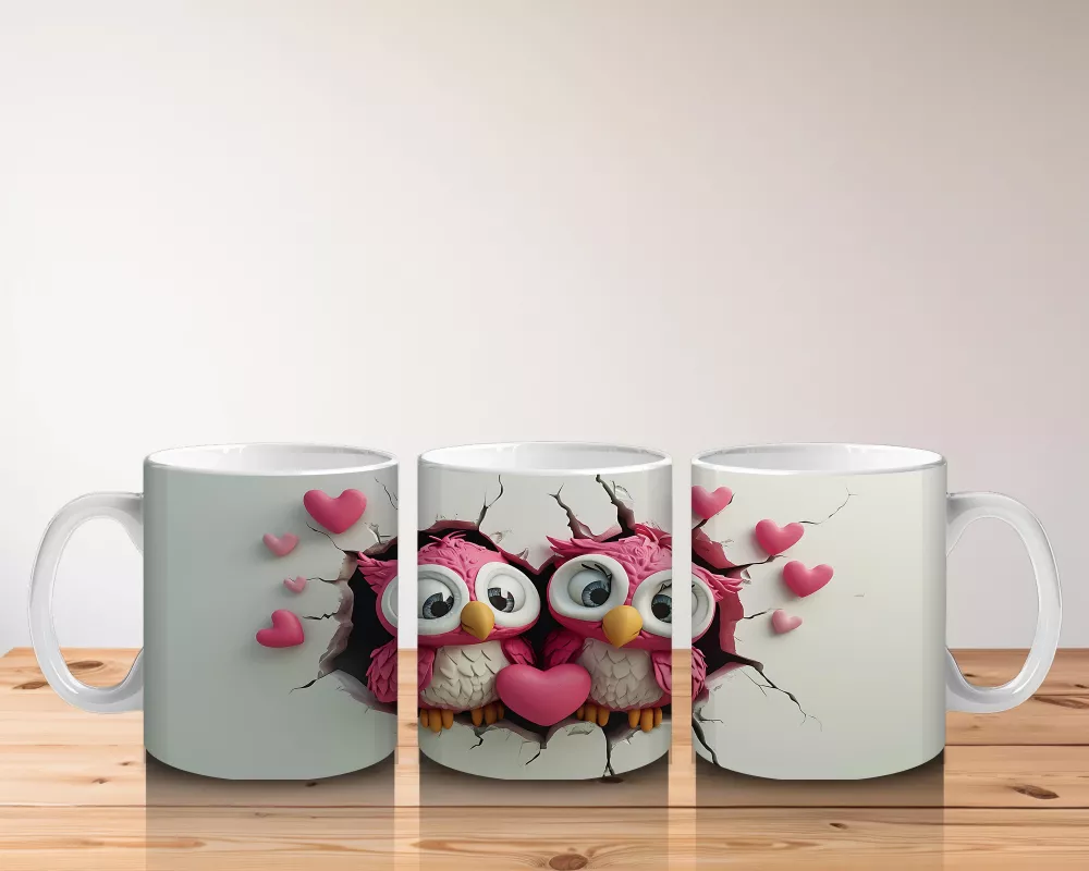 Aşık Baykuş Çifti ve Pembe Kalpler – Baskılı Kahve Kupası - 5