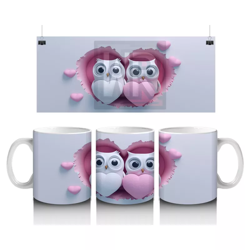 Aşık Baykuşlar Kalpli Kompozisyon – Baskılı Kahve Kupası