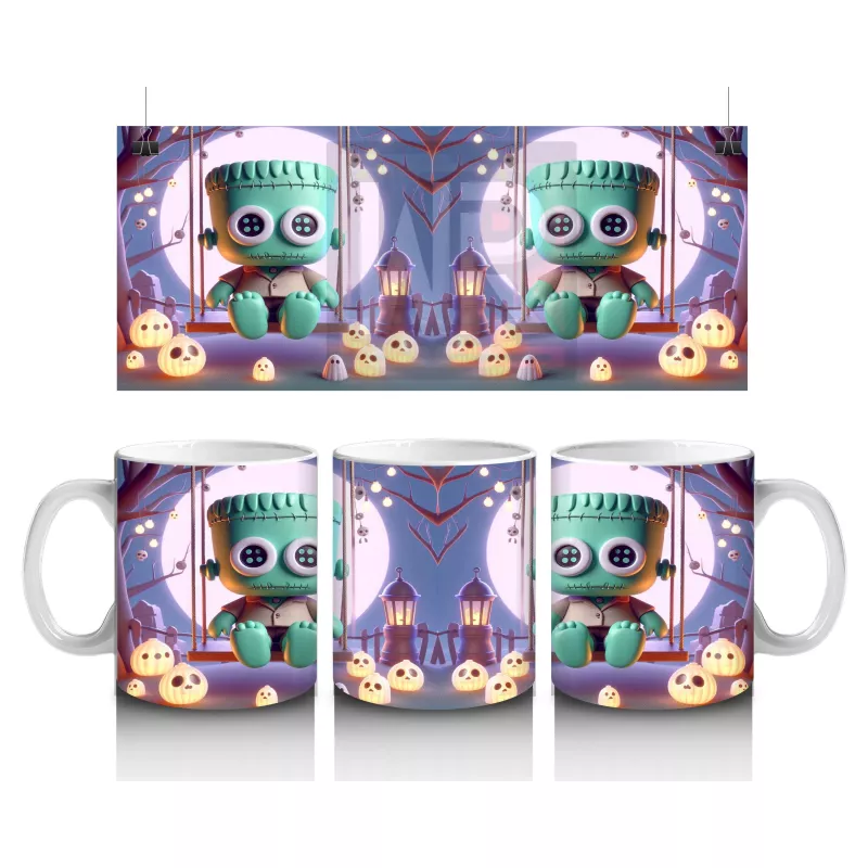 Ay Işığında Şeker Sepetli Zombi Çocuk Figürlü Eğlenceli Cadılar Bayramı Baskılı Kupa Bardak