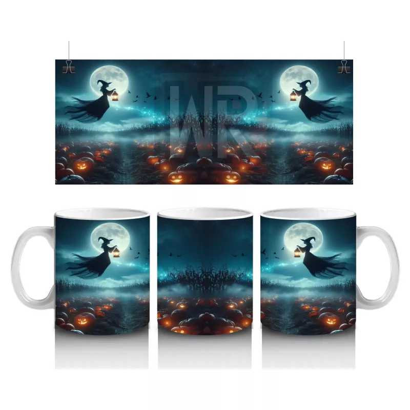 Ay Işığında Süpürgeye Binen Cadı Figürlü Mistik Cadılar Bayramı Baskılı Kupa Bardak