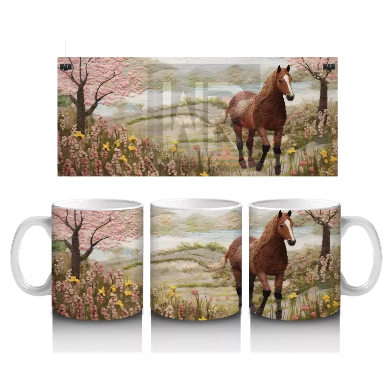 Bahar Manzarasında Zarif At Figürü - Baskılı Kahve Kupası