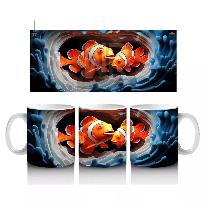 Baloncuklar Arasında Neşeyle Yüzen Palyaço Balıkları – Baskılı Kahve Kupası