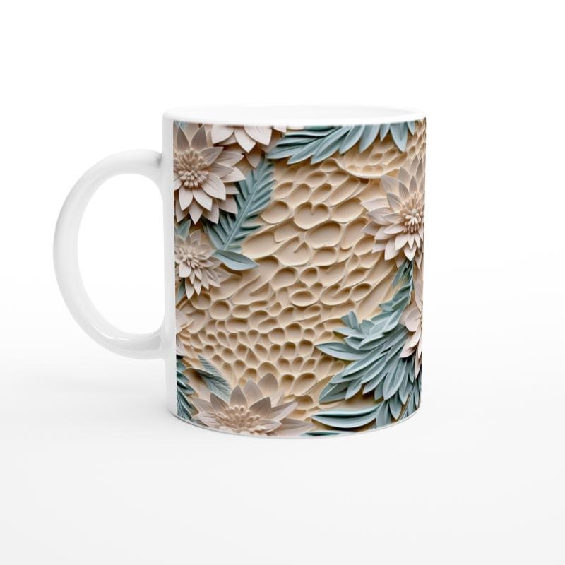 Bej Doku Üzerine Nane Yeşili Yapraklı Rölyef Çiçekli Kupa Bardak