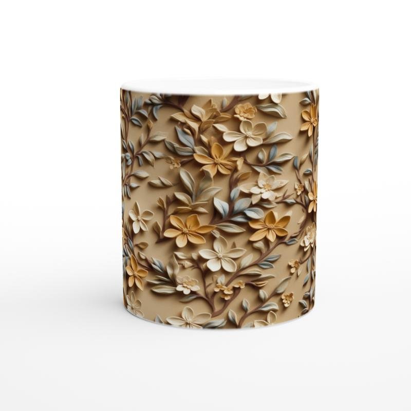 Bej Rölyef Dokulu Zarif Çiçek Desenli Kupa Bardak - 2