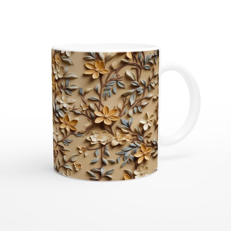 Bej Rölyef Dokulu Zarif Çiçek Desenli Kupa Bardak - 3