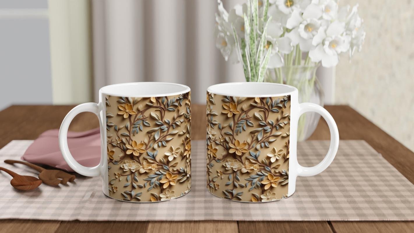 Bej Rölyef Dokulu Zarif Çiçek Desenli Kupa Bardak - 5