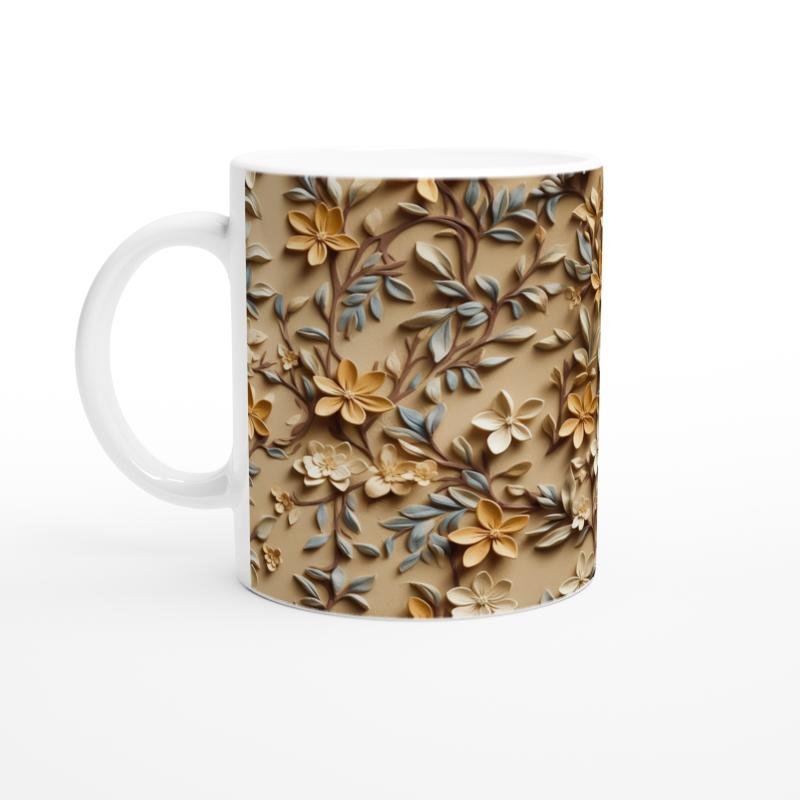 Bej Rölyef Dokulu Zarif Çiçek Desenli Kupa Bardak