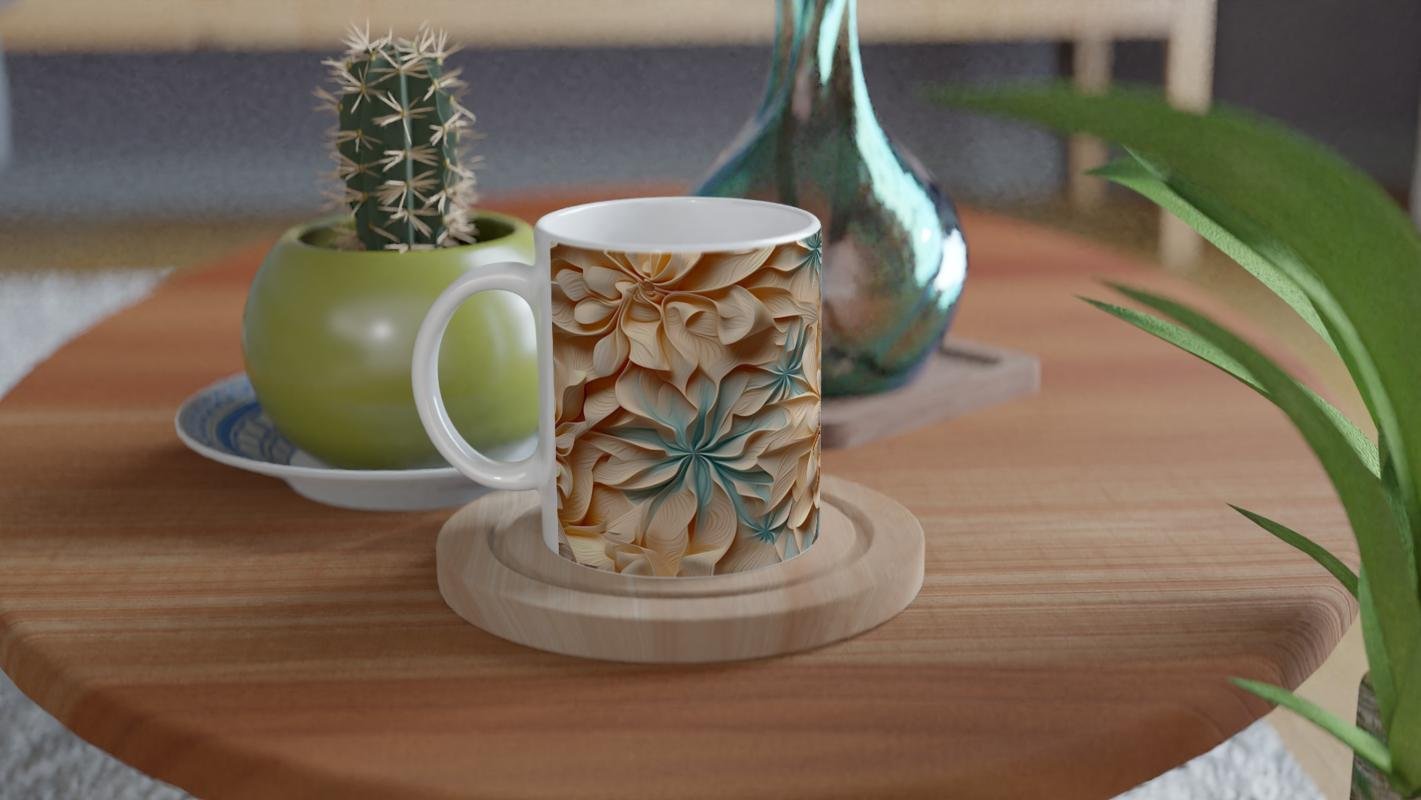 Bej Tonlarda Spiral Yaprak Desenli Kupa Bardak - 4