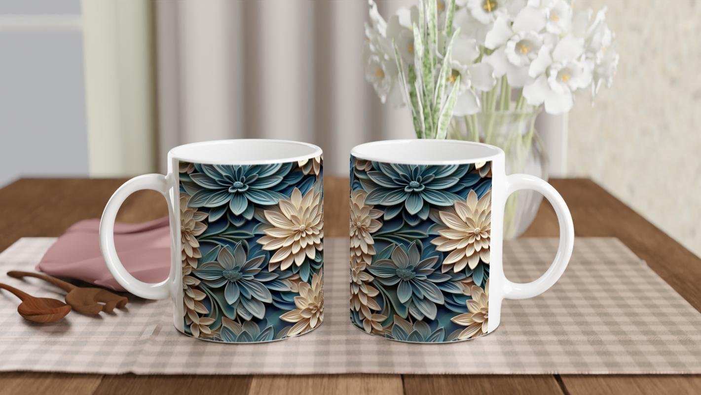 Bej ve Mavi Katmanlı Çiçekli Kupa Bardak - 5