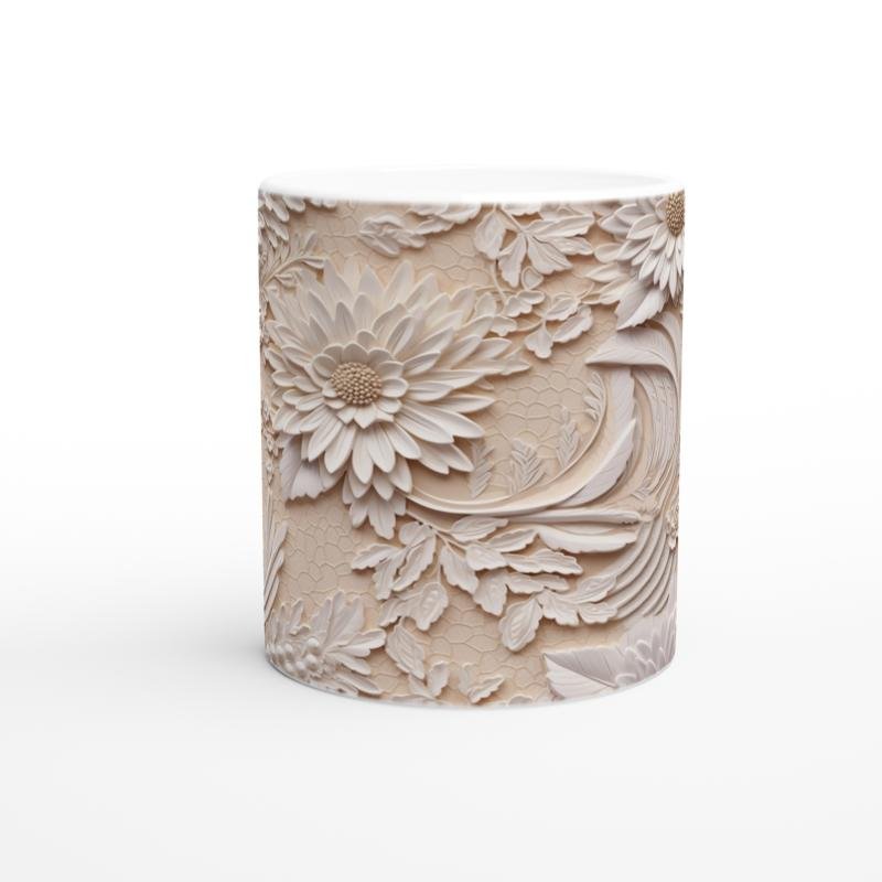 Bej Zemin Üzerine Rölyef Dantelli Çiçekli Kupa Bardak - 2