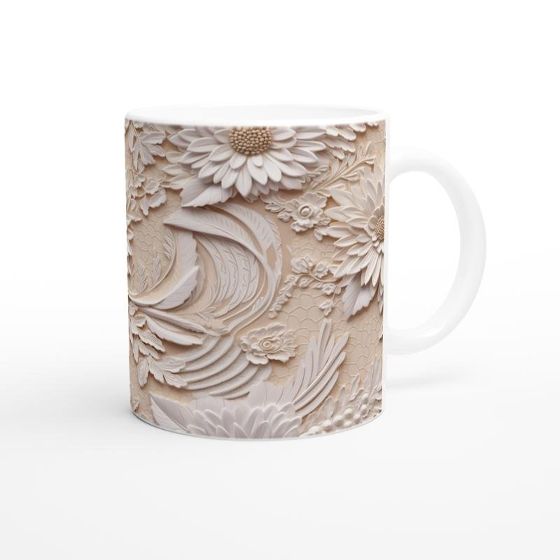 Bej Zemin Üzerine Rölyef Dantelli Çiçekli Kupa Bardak - 3