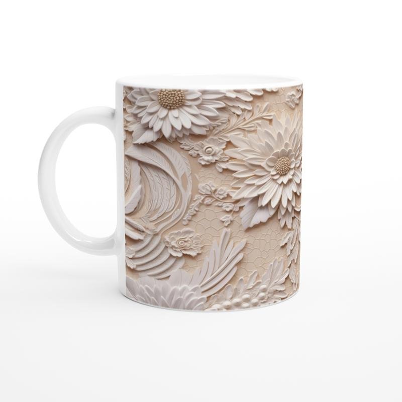 Bej Zemin Üzerine Rölyef Dantelli Çiçekli Kupa Bardak