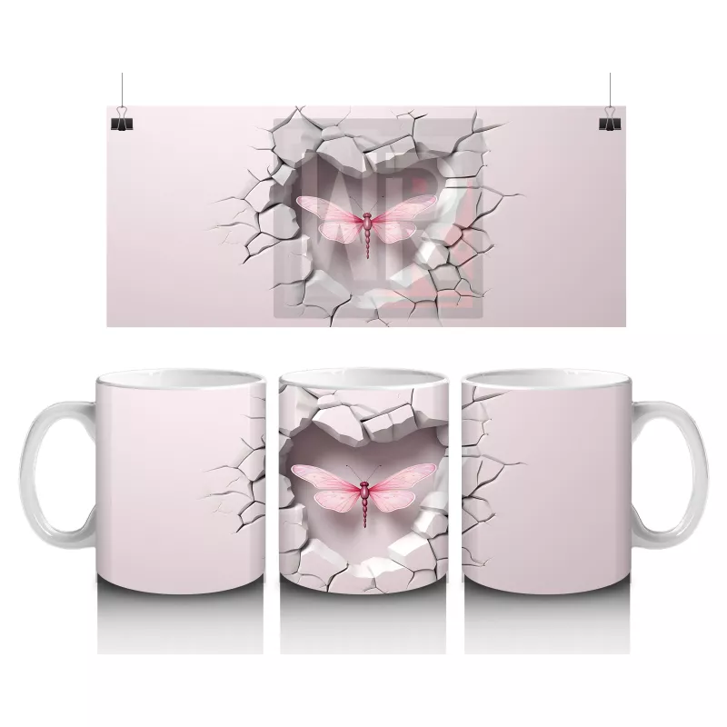 Beyaz Çatlak Duvar Arasında Pembe Yusufçuk – Baskılı Kahve Kupası