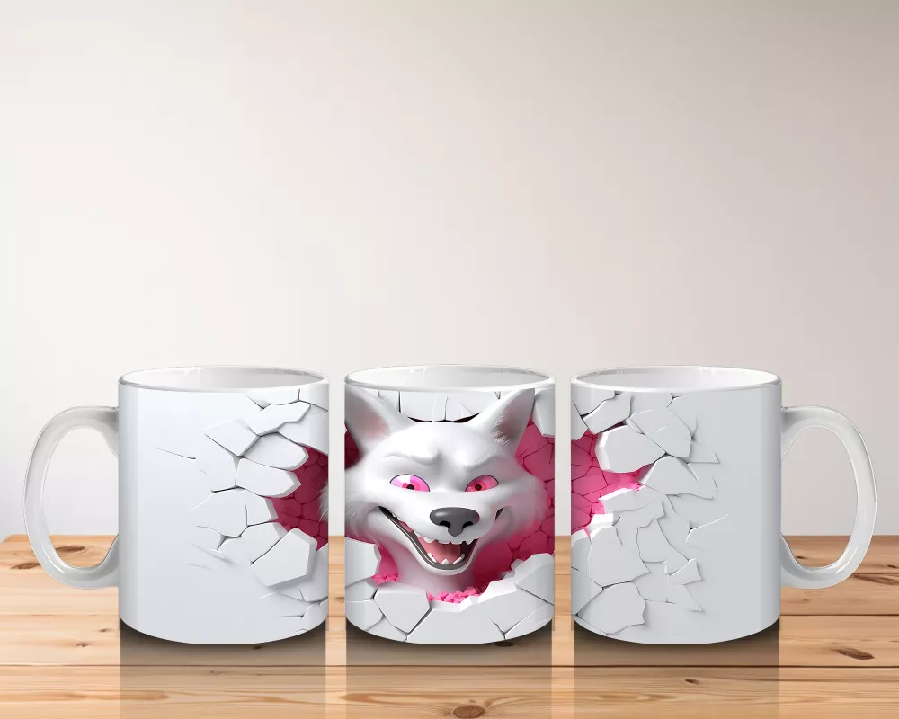 Beyaz Çatlak Zeminden Bakan Pembe Gözlü Kurt - Baskılı kahve kupası - 5