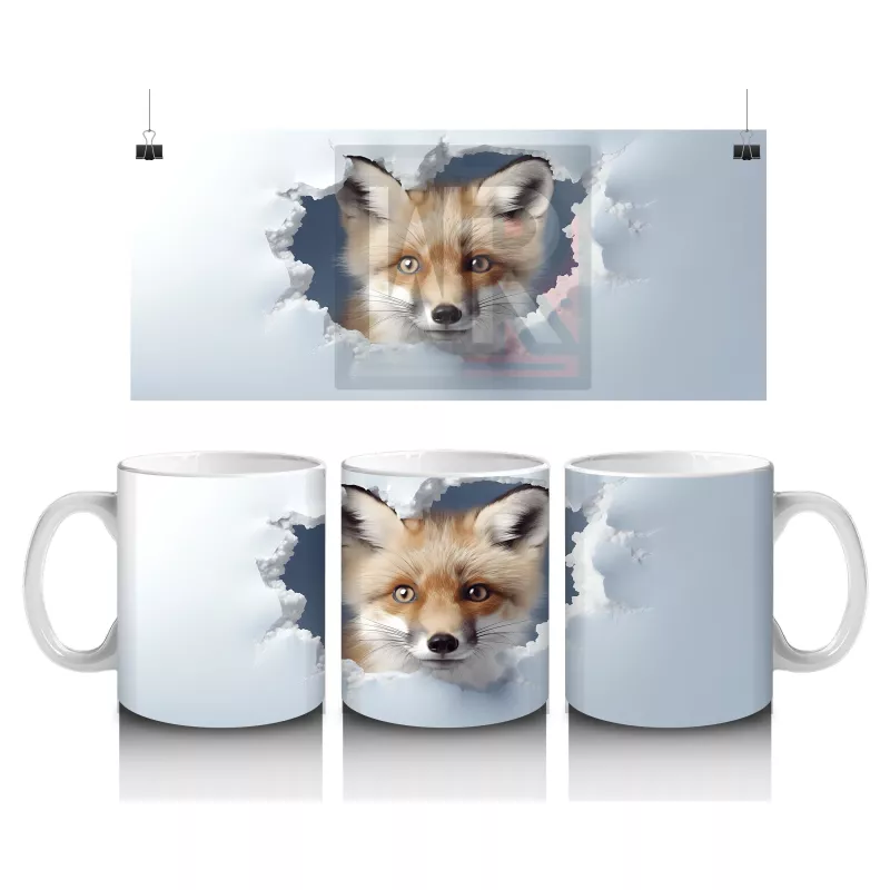 Beyaz Çatlaklı Zeminde Tilki Figürü – Baskılı Kahve Kupası