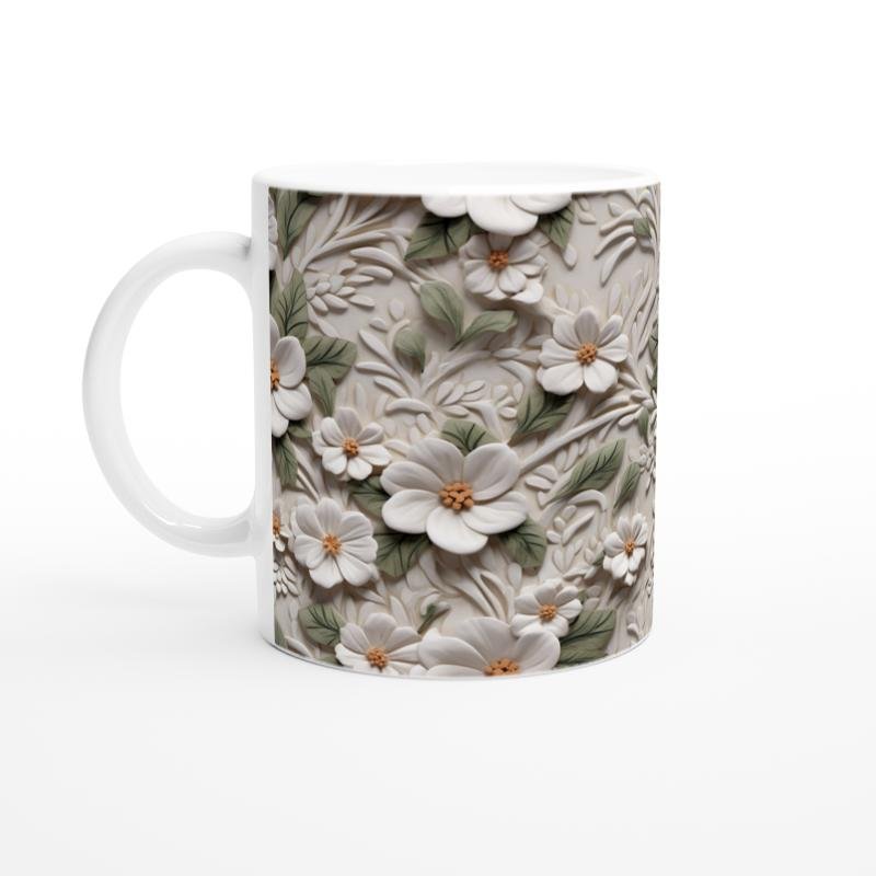 Beyaz Çiçek Bahçesi Rölyef Kupa Bardak