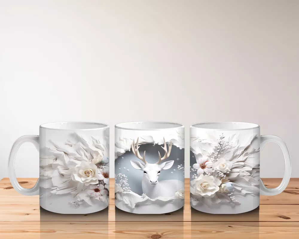 Beyaz Çiçekler Arasında Asil Geyik - Baskılı Kahve Kupası - 5