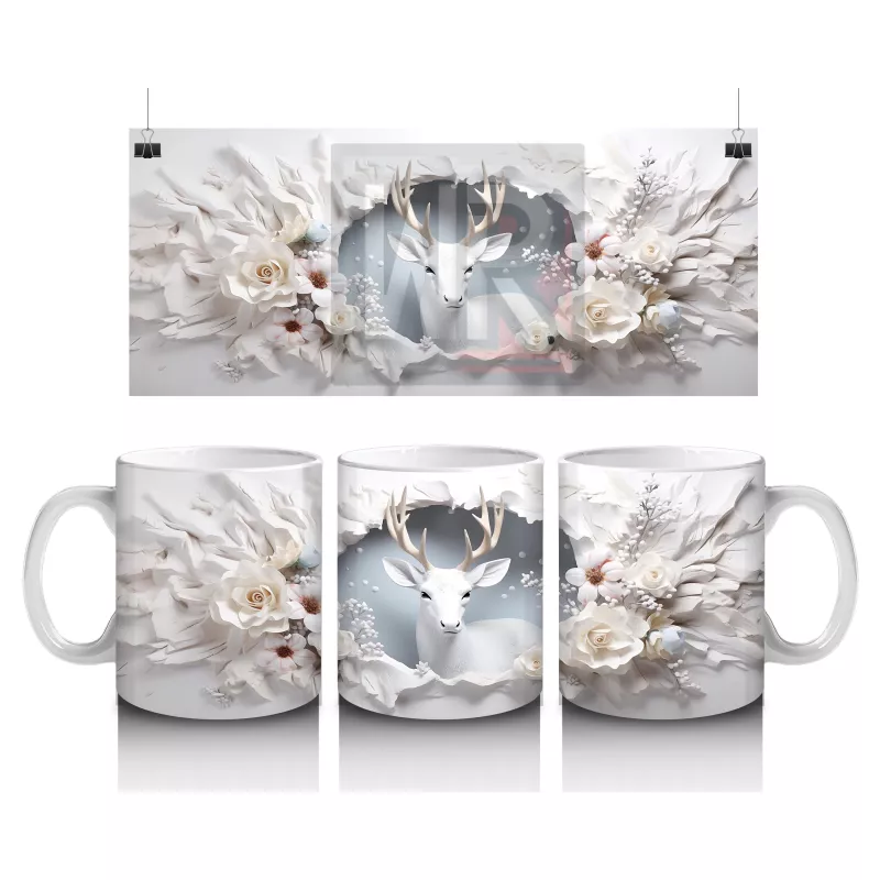 Beyaz Çiçekler Arasında Asil Geyik - Baskılı Kahve Kupası