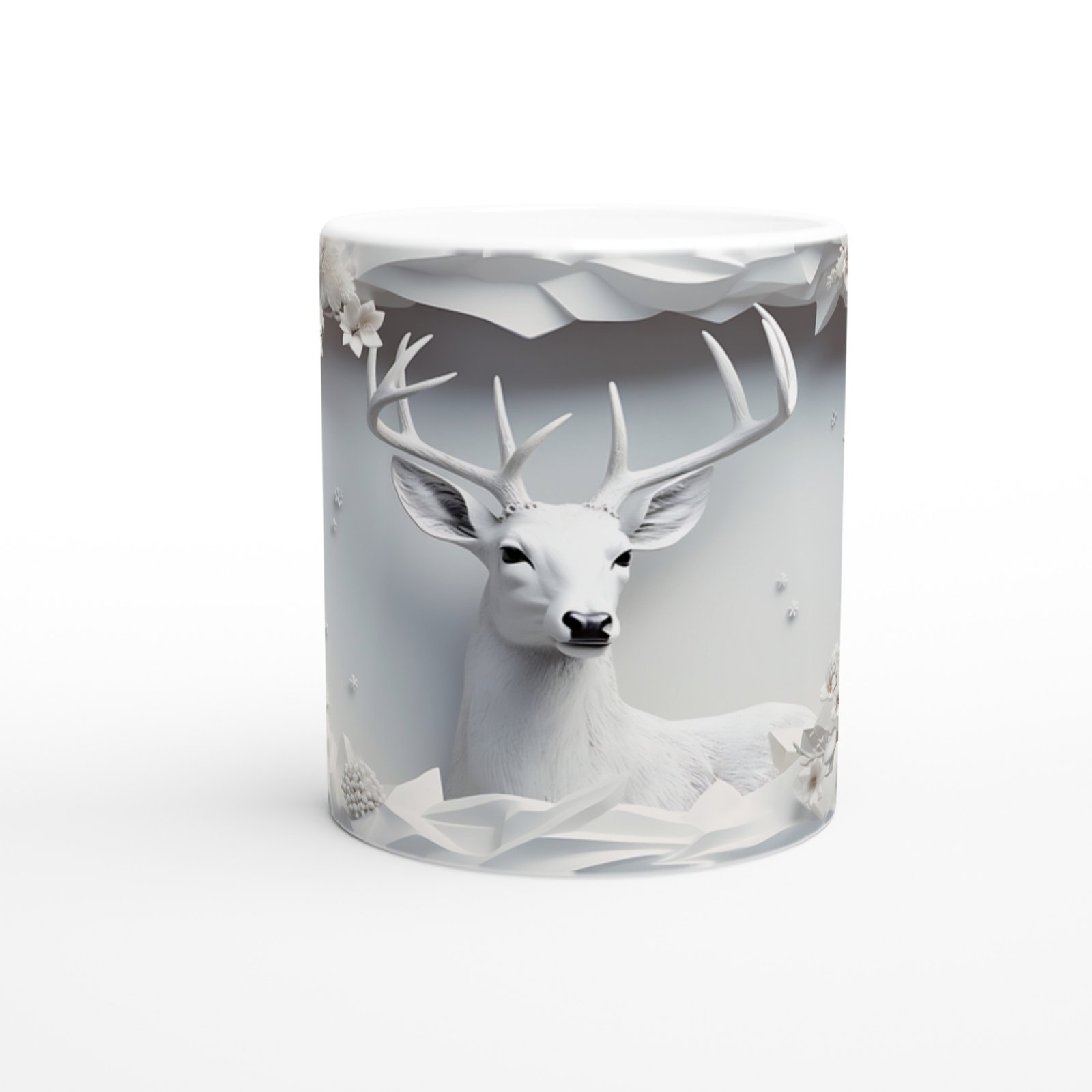 Beyaz Çiçekler Arasında Asil Geyik Desenli Baskılı Kupa Bardak