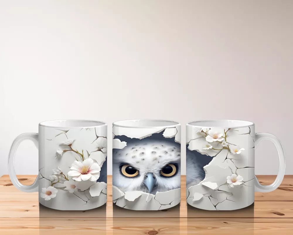 Beyaz Çiçekler Arasında Bakan Bilge Baykuş – Baskılı Kahve Kupası - 5