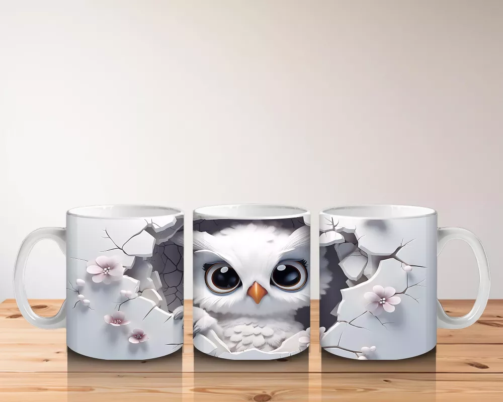 Beyaz Çiçekler Arasında Bakan Bilge Baykuş – Baskılı Kahve Kupası - 5