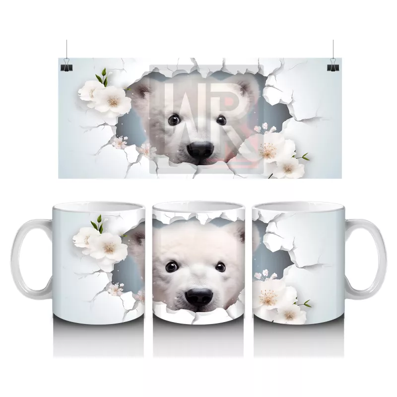 Beyaz Çiçekler Arasında Bakan Kutup Ayısı – Baskılı Kahve Kupası