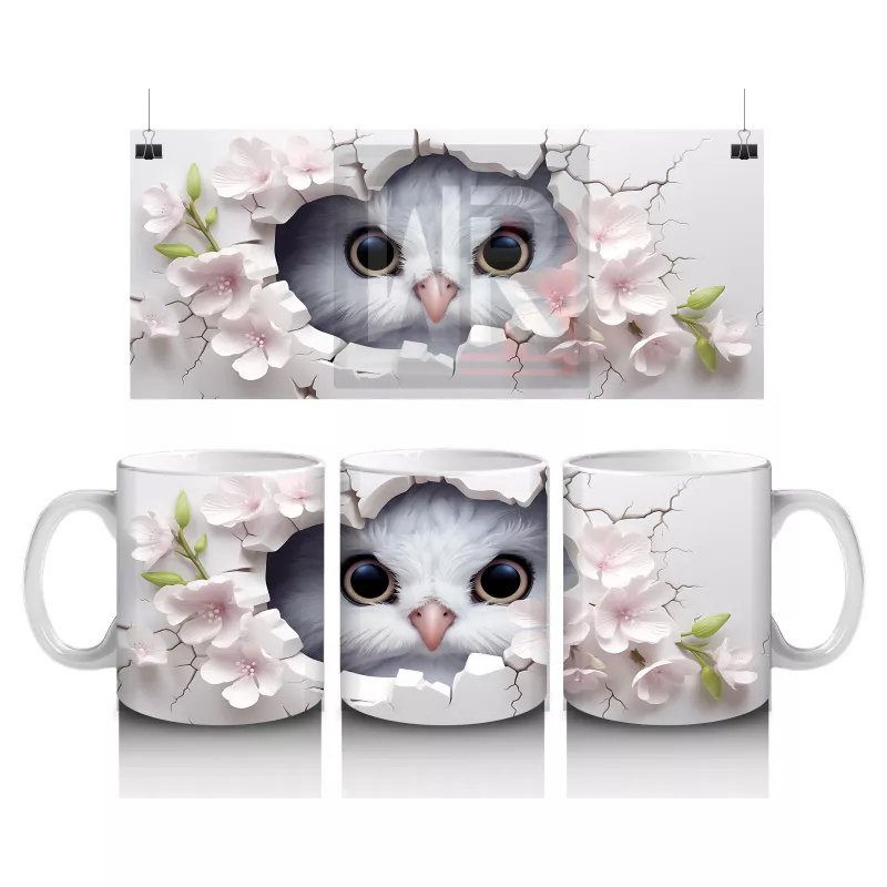 Beyaz Çiçekler Arasında Bakan Sevimli Baykuş Yüzü - Baskılı kahve kupası