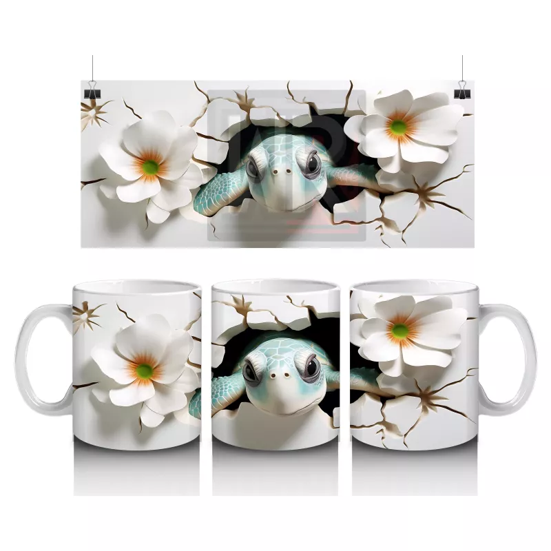 Beyaz Çiçekler Arasında Bakan Sevimli Kaplumbağa – Baskılı Kahve Kupası
