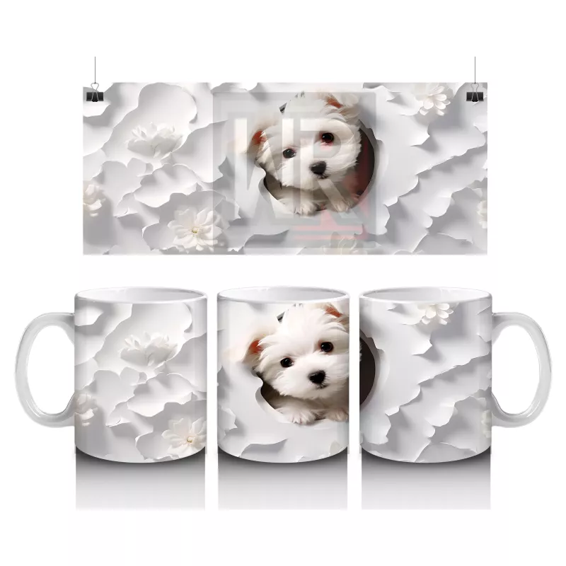 Beyaz Çiçekler Arasında Bakan Sevimli Köpek – Baskılı Kahve Kupası
