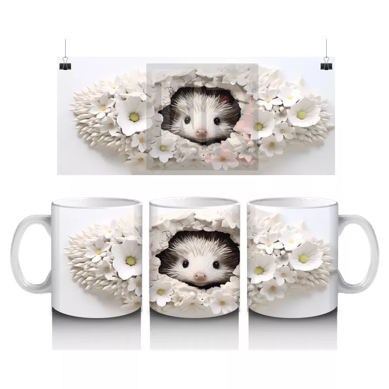 Beyaz Çiçekler Arasında Bakan Tatlı Kirpi – Baskılı Kahve Kupası