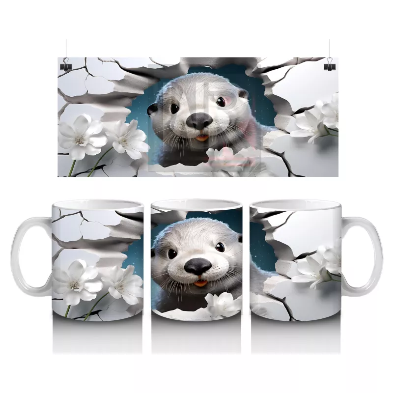 Beyaz Çiçekler Arasında Çatlak Zeminden Bakan Su Samuru - Baskılı kahve kupası