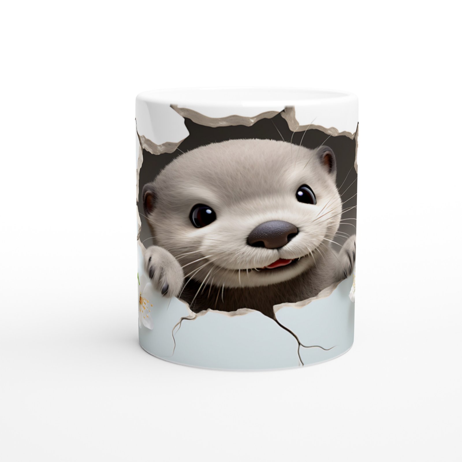 Beyaz Çiçekler Arasında Gülümseyen Su Samuru Baskılı Kupa Bardak