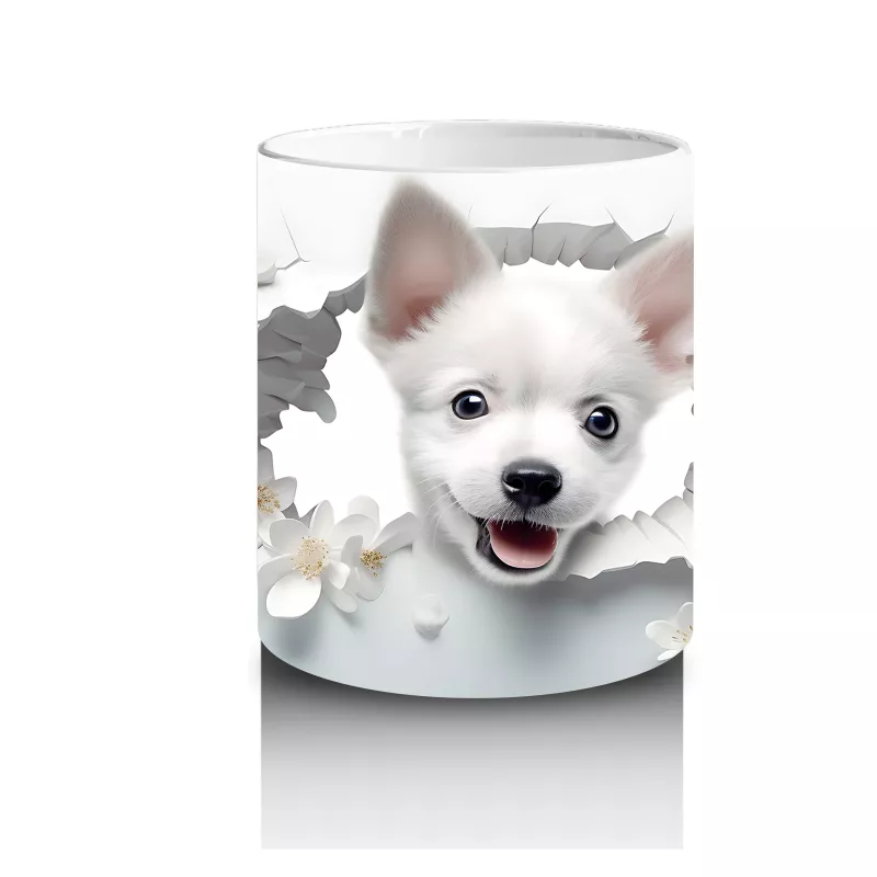 Beyaz Çiçekler Arasında Gülümseyen Yavru Köpek – Baskılı Kupa - 3