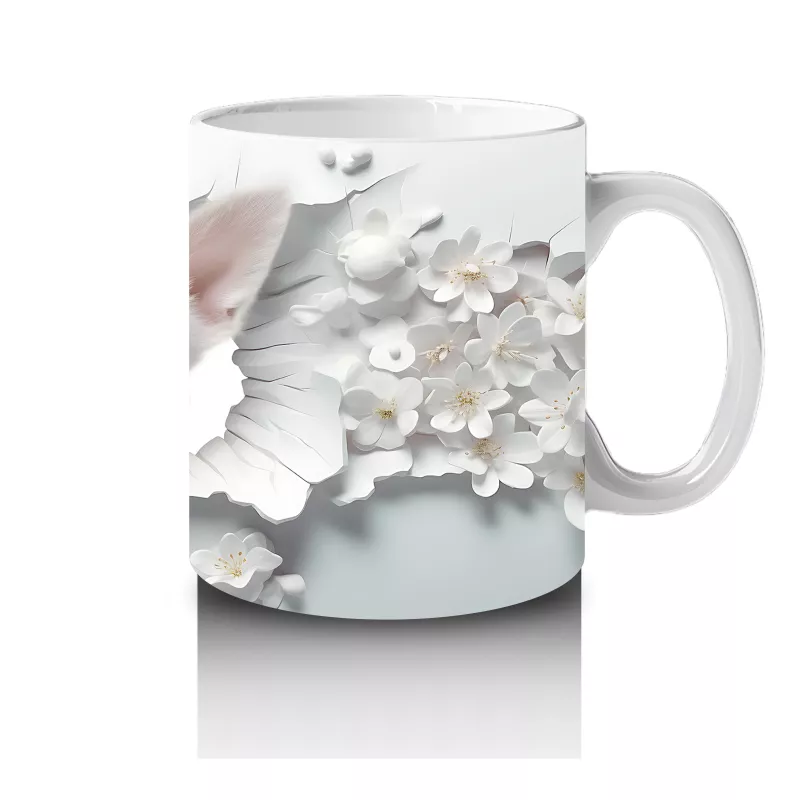 Beyaz Çiçekler Arasında Gülümseyen Yavru Köpek – Baskılı Kupa - 4